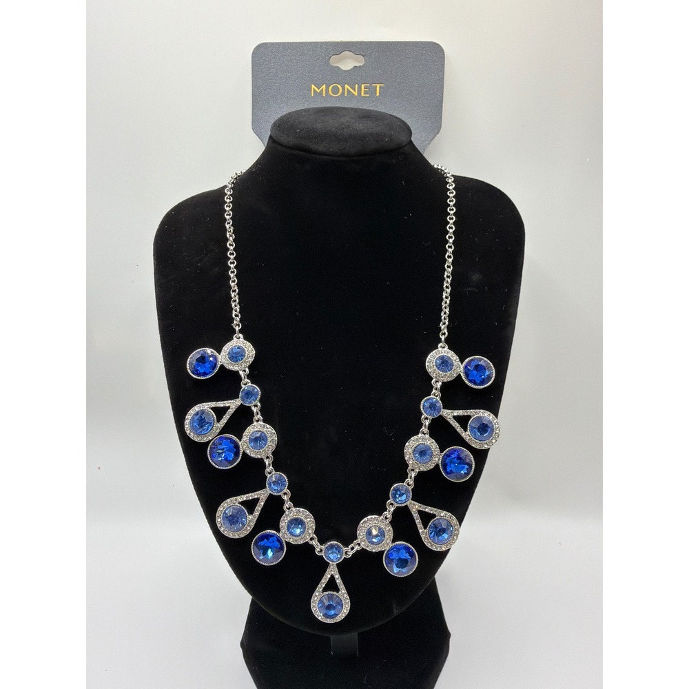Monet Silver Tone Royal Blue Crystal Teardrop Statement Necklace NOS